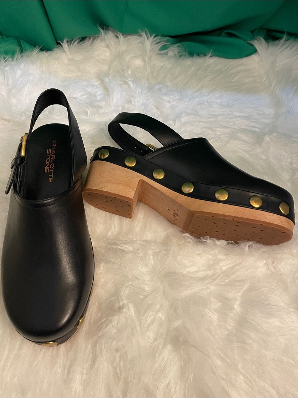 Charlotte Stone Jori Black Leather Studded Slingback Platform Clogs